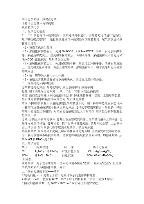 高中化学必修一的每章知识点总结