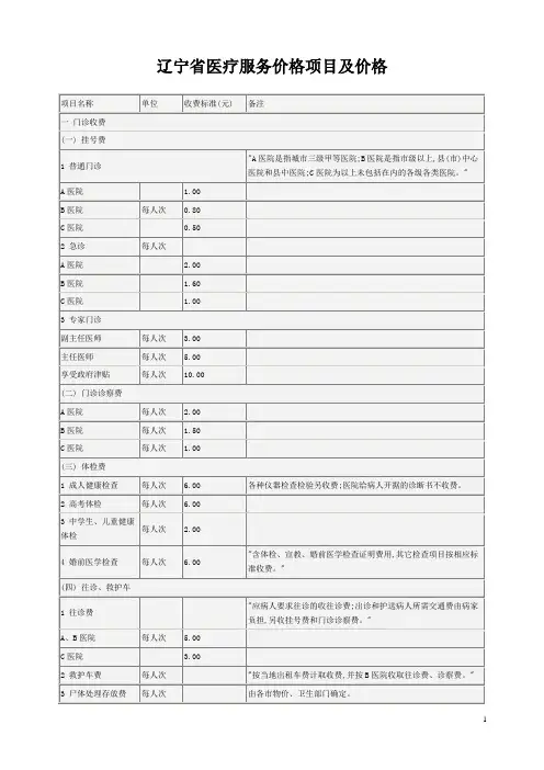 辽宁省医疗服务价格项目及价格