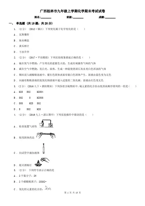 广西桂林市九年级上学期化学期末考试试卷