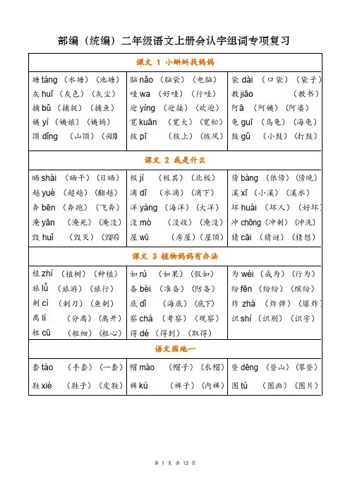 部编(统编)二年级语文上册会认字生字组词专项复习