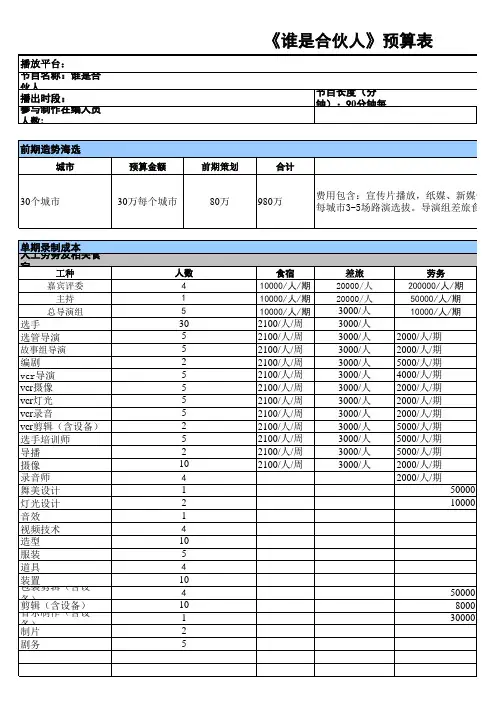 电视制作预算表