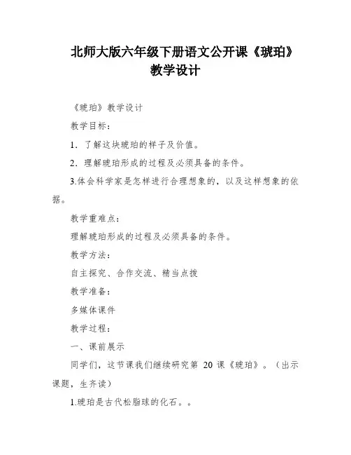 北师大版六年级下册语文公开课《琥珀》教学设计