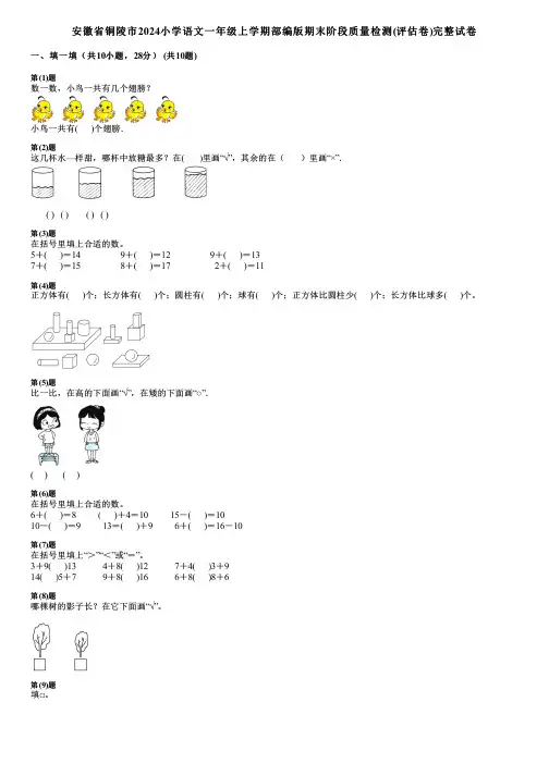安徽省铜陵市2024小学数学一年级上学期部编版期末阶段质量检测(评估卷)完整试卷