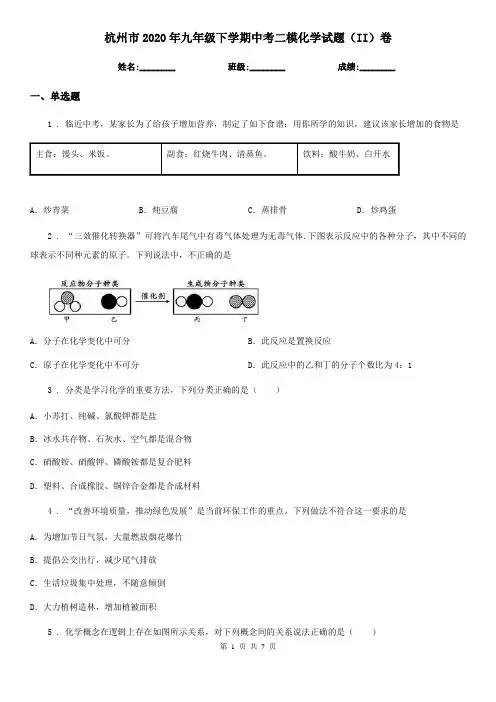 杭州市2020年九年级下学期中考二模化学试题(II)卷