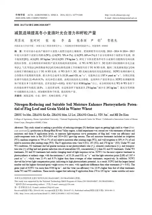 减氮适墒提高冬小麦旗叶光合潜力和籽粒产量