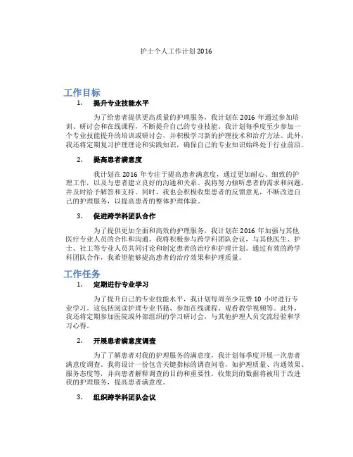 护士个人工作计划2016