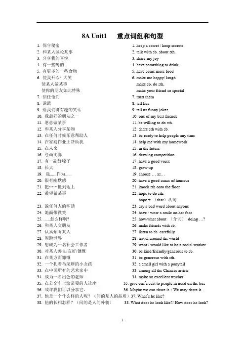 牛津译林版英语8A Unit 1 重点短语和句子