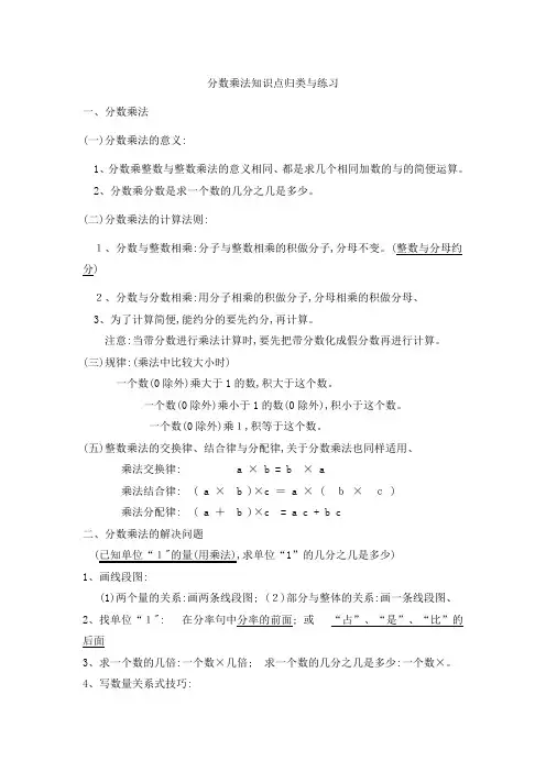 六年级上册数学一课一练第三单元分数乘法知识点归类及练习 苏教版