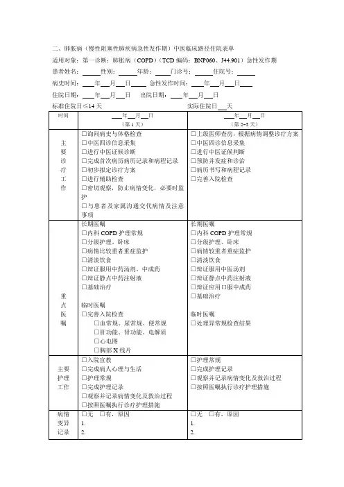 二、肺胀病(慢性阻塞性肺疾病急性发作期)路径单