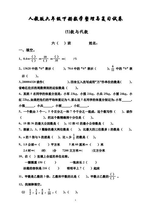 2020年人教版六年级数学下册第6单元整理与复习《数与代数》测试卷