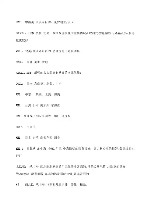 各船公司优势航线