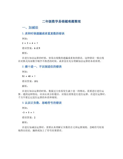二年级数学易错题难题整理