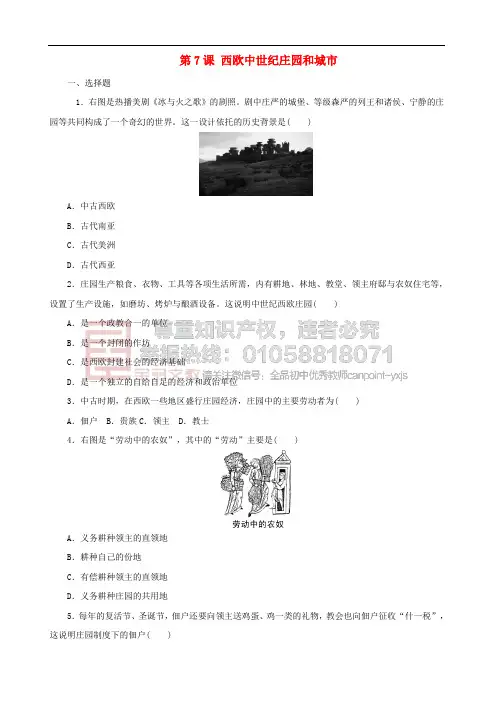 九年级历史上册 第二单元 中古时期的欧洲和亚洲 第7课 西欧世纪庄园和城市练习(无答案) 中华书局版