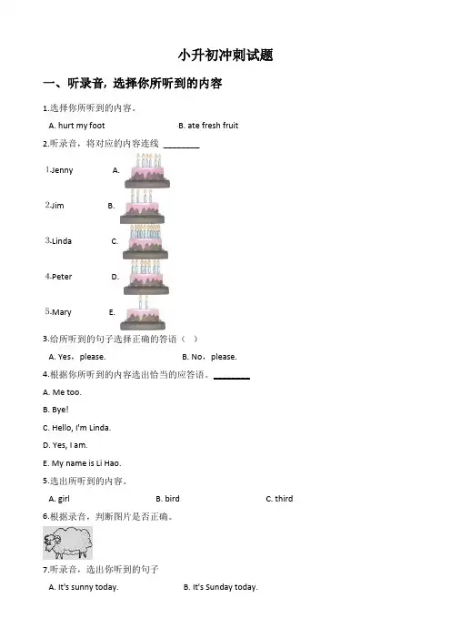 人教 (PEP) 六年级下册英语小升初冲刺试题
