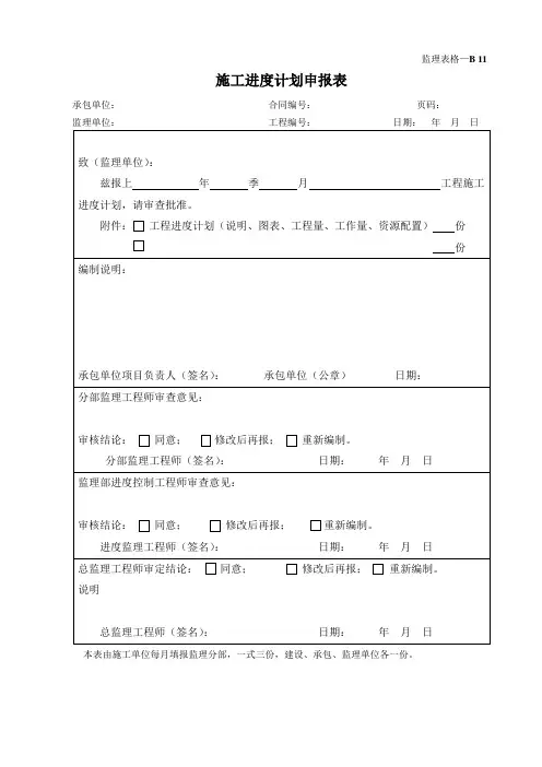 施工进度计划申报表(监理表格)