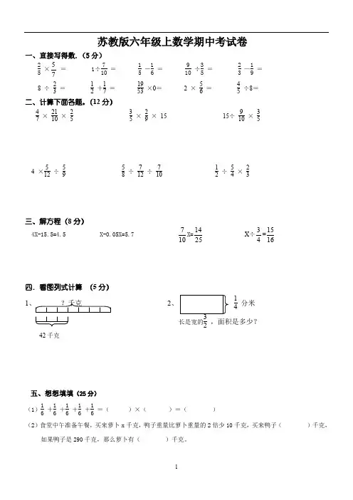 苏教版2019-2020年六年级上册数学期中考试试卷(含答案)