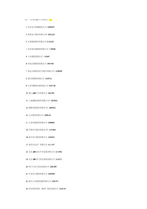 2008年第9届中国电气工业100强名单
