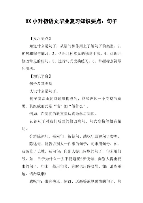 XX小升初语文毕业复习知识要点：句子