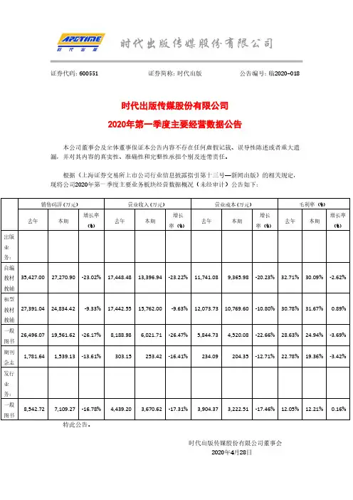时代出版：2020年第一季度主要经营数据公告