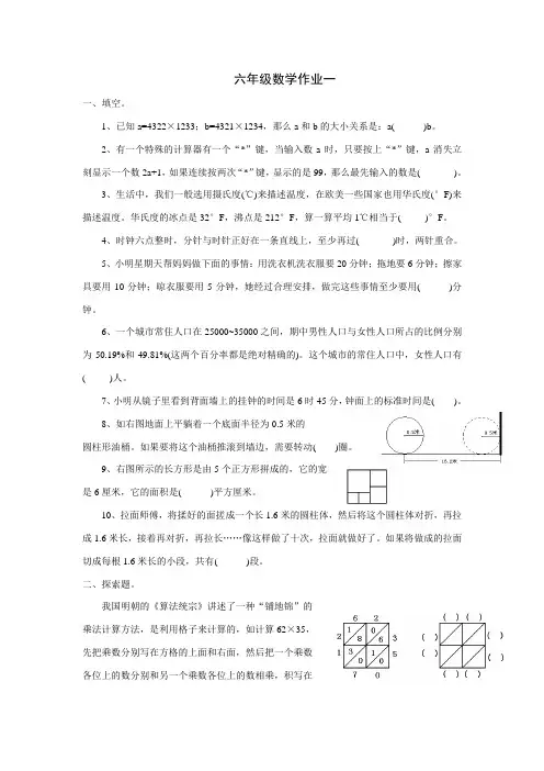 苏教版六年级下册数学作业一