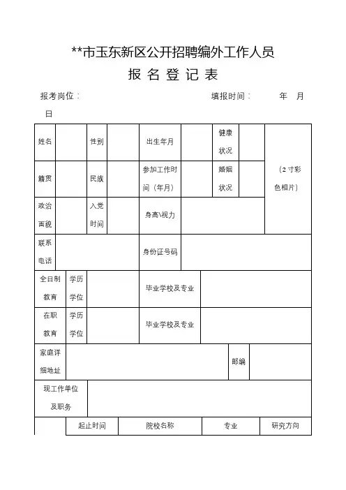 XX市玉东新区公开招聘编外工作人员报名登记表【模板】