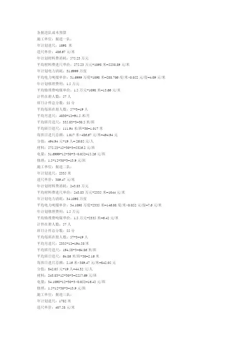 各掘进队成本预算