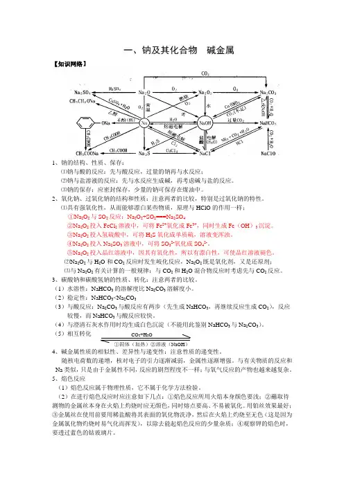 一、钠及其化合物碱金属【知识网络】1、钠的结构、性质、保存⑴钠与酸