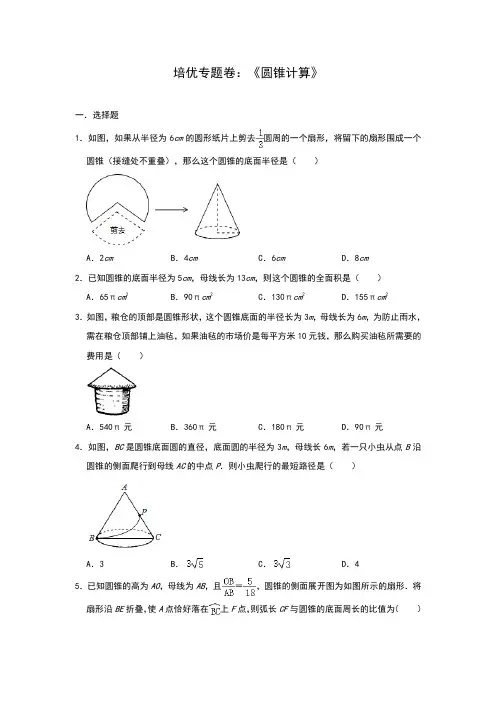 2020年中考数学备考培优专题卷：《圆锥计算》(解析版)