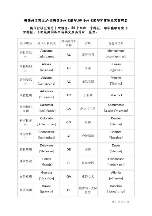 美国各州、首府英文名及音标