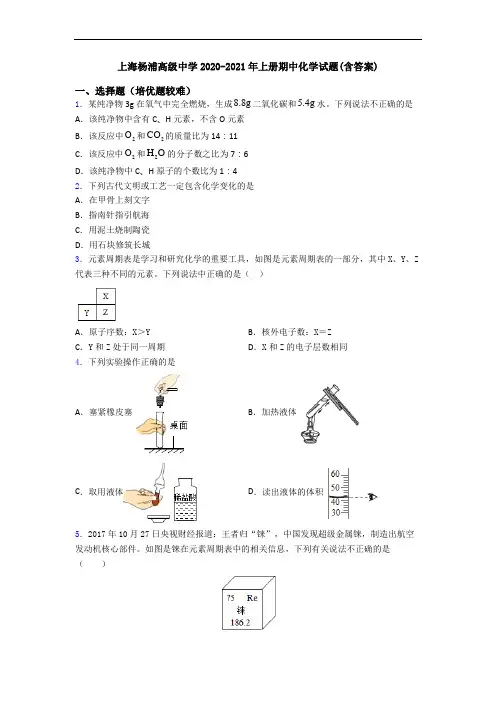 上海杨浦高级中学2020-2021年上册期中化学试题(含答案)