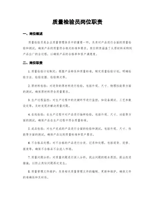 质量检验员岗位职责