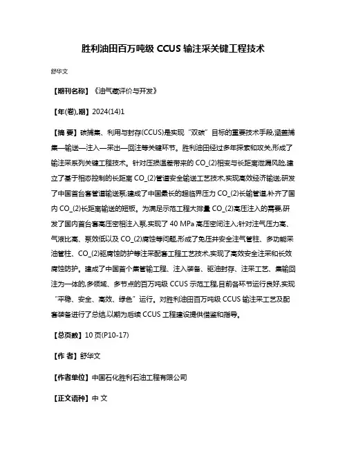 胜利油田百万吨级CCUS输注采关键工程技术