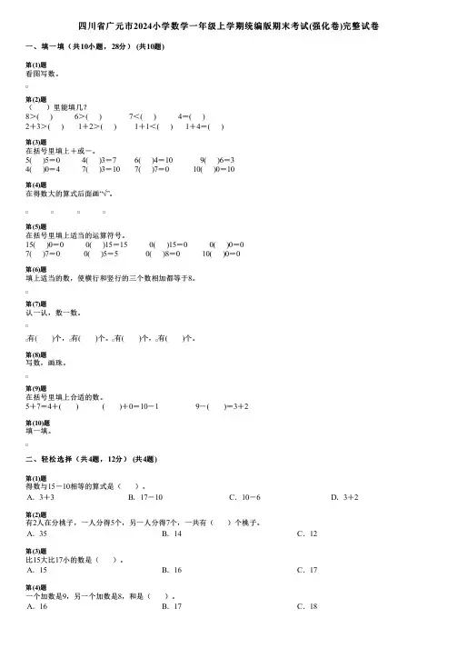 四川省广元市2024小学数学一年级上学期统编版期末考试(强化卷)完整试卷