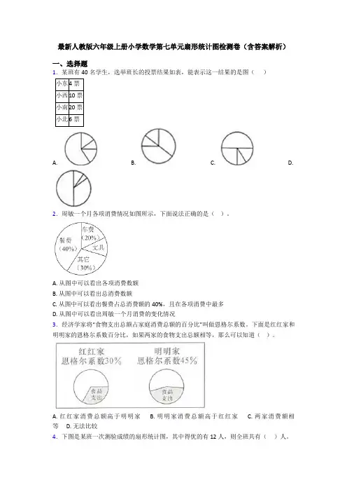 最新人教版六年级上册小学数学第七单元扇形统计图检测卷(含答案解析)