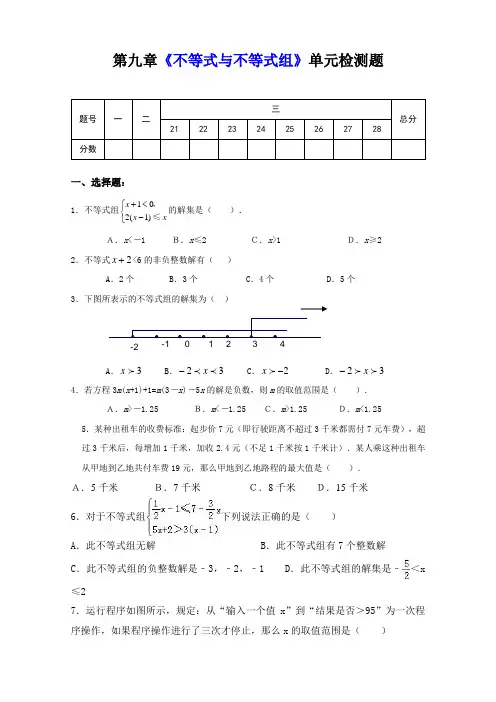 人教版七年级数学下册第九章《不等式与不等式组》单元测试试题(含答案)