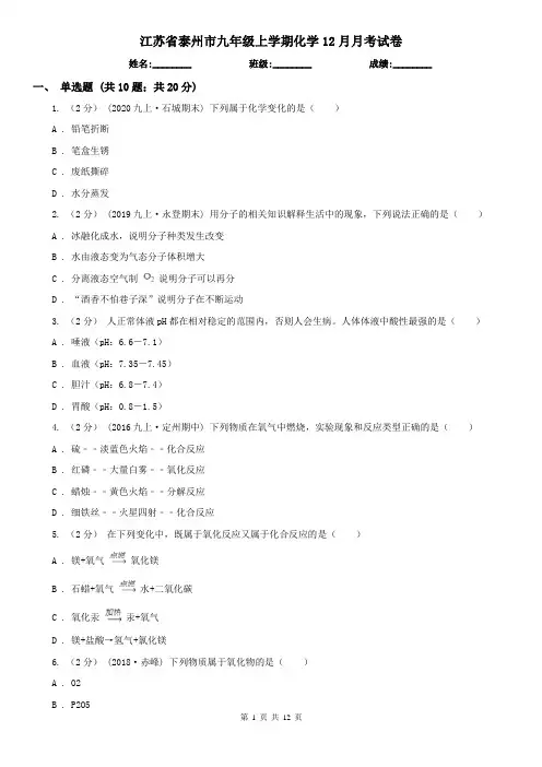 江苏省泰州市九年级上学期化学12月月考试卷