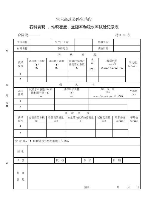 X30石料表观密度空隙率堆积密度吸水率试验记录表