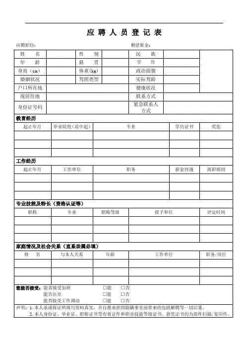 应聘人员登记表