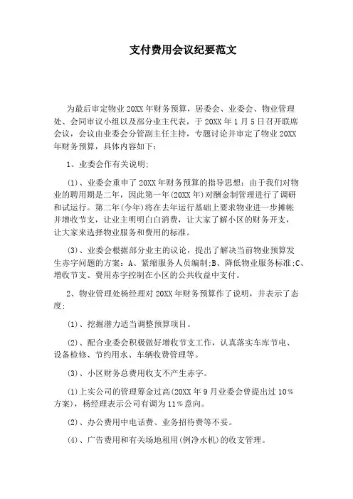 支付费用会议纪要范文
