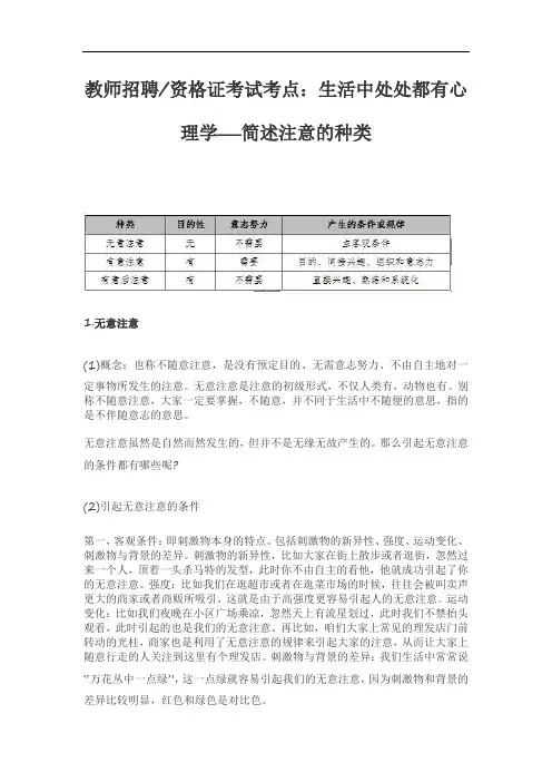 教师资格证考试考点：生活中处处都有心理学――简述注意的种类