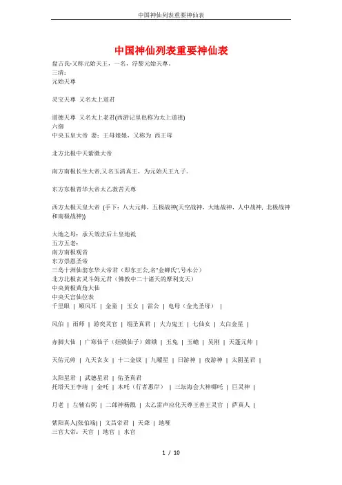 中国神仙列表重要神仙表