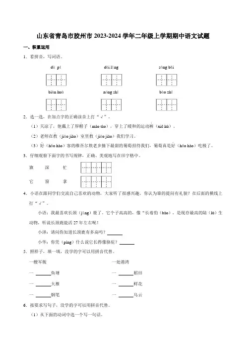 山东省青岛市胶州市2023-2024学年二年级上学期期中语文试题