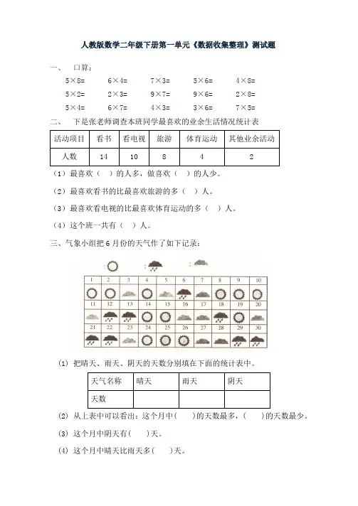 新人教版二年级下册数学各单元试卷全套
