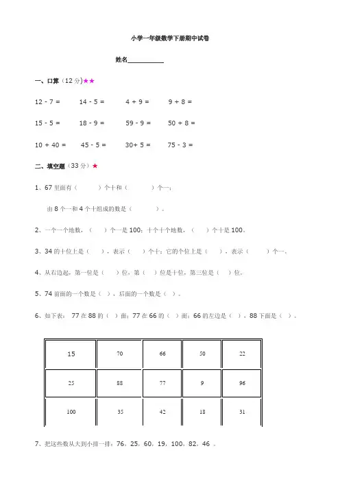 小学一年级数学下册期中测试试卷[人教版]