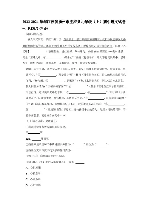 2023-2024学年江苏省扬州市宝应县九年级(上)期中语文试卷(含解析)