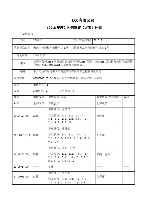 QC08000内部审核计划、审核记录、审核报告及整改报告
