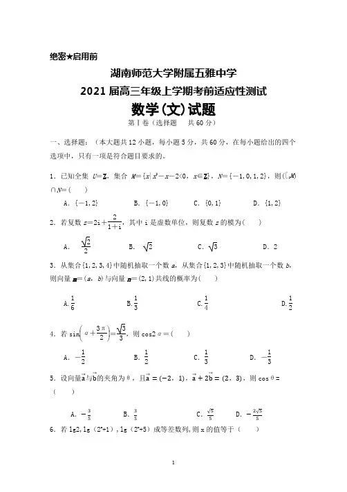 湖南师范大学附属五雅中学2021届高三上学期考前适应性测试数学(文)试题及答案解析