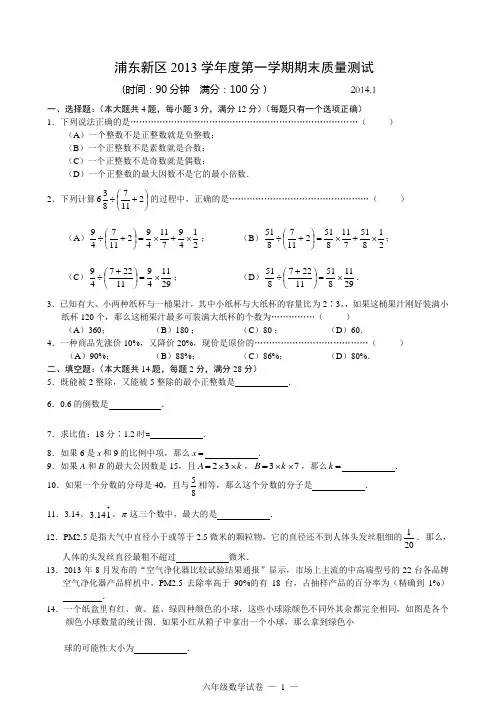浦东新区2013学年度第一学期期末质量测试