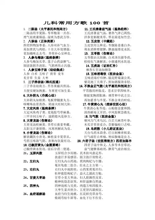 中医儿科常用方歌100首
