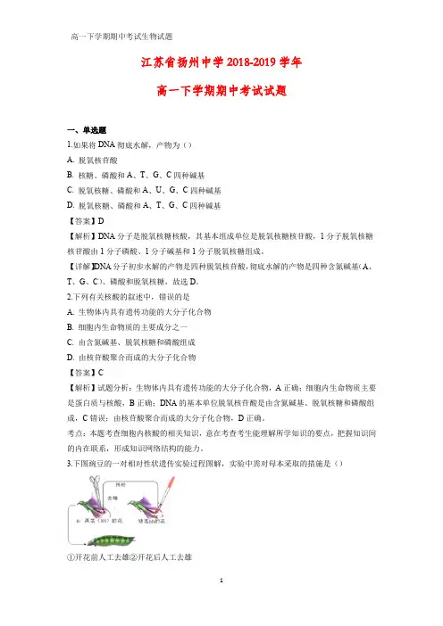 2018-2019学年江苏省扬州中学高一下学期期中考试生物试题(解析版)